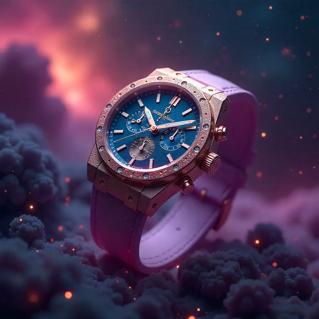 Luxury watch floating in cosmic void with nebula dust