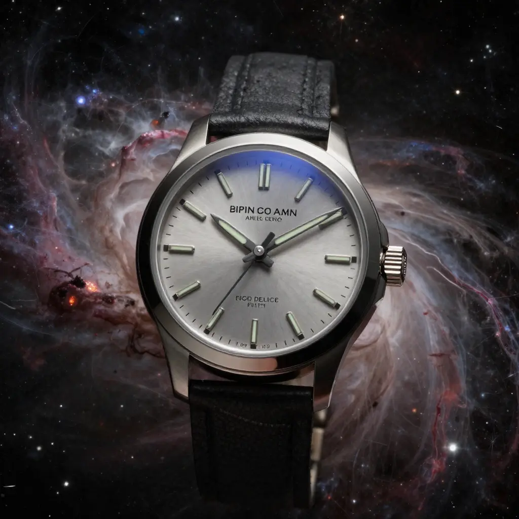 Premium watch in nebula environment with glowing accents